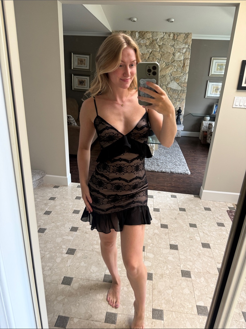 Black Lace Mini Dress with Ruffle Hem